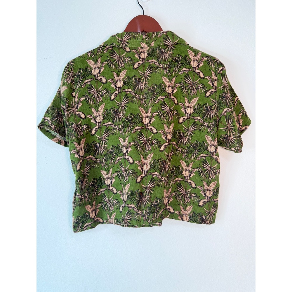 Tahari 100% Linen Green Botanical Print Top Women M Cropped Boxy Button Front - Picture 2 of 8